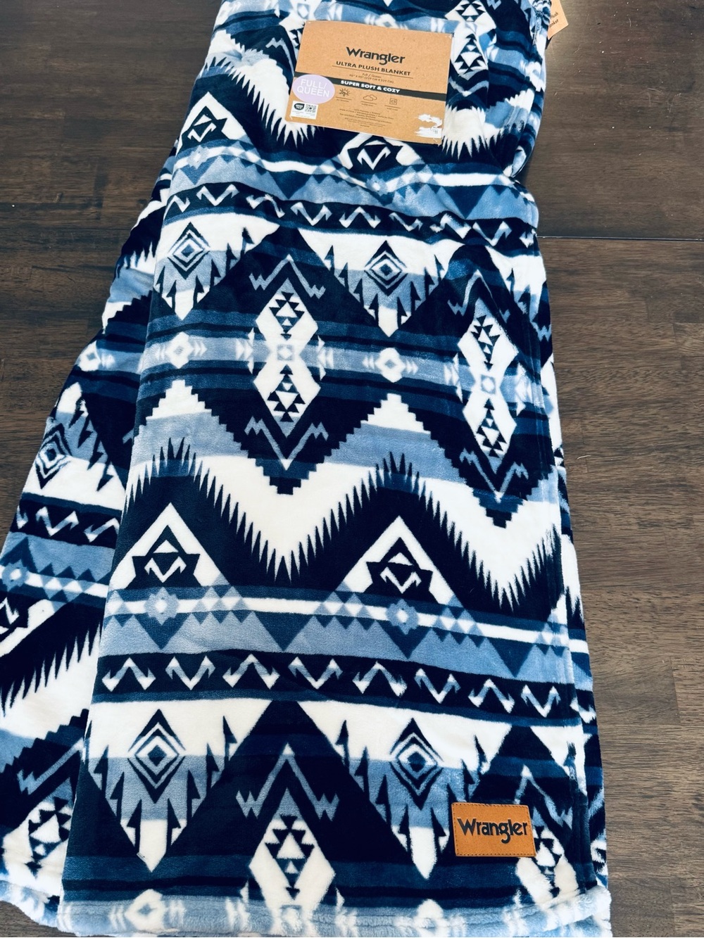 Wrangler Full Queen Blue Southwest Tribal Plush Bed Blanket